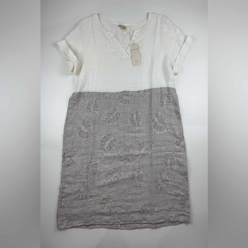 Lina Tomei 100% Linen Dress XL V-Neck Minimalist Lagenlook Boho Palm Print Beach